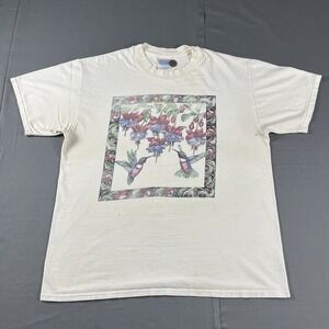 Vintage 90s Hummingbird Flower Graphic T-Shirt Hanes Beefy-T USA Made Large